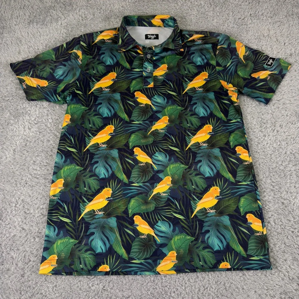 Waggle Mens Golf Polo Shirt Medium Tropical Bird Leaf Performance Stretch - Picture 2 of 9